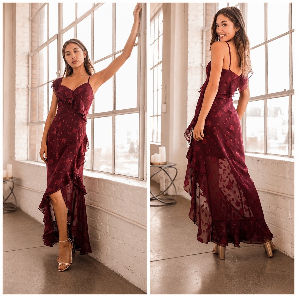 Lulu's Wine Burgundy Floral Ruffle Maxi Dress